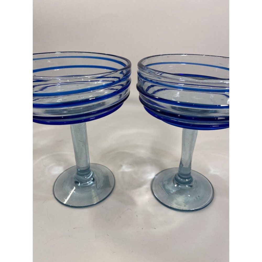 Handblown Blue Swirl Margarita Glasses/Set of 2